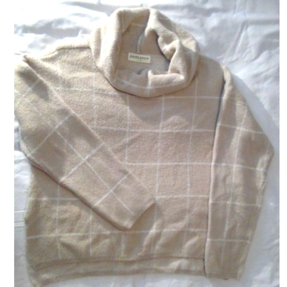 Cozy Pants Store Tan Windowpane Plaid Cowl Neck Sweater - Size Large